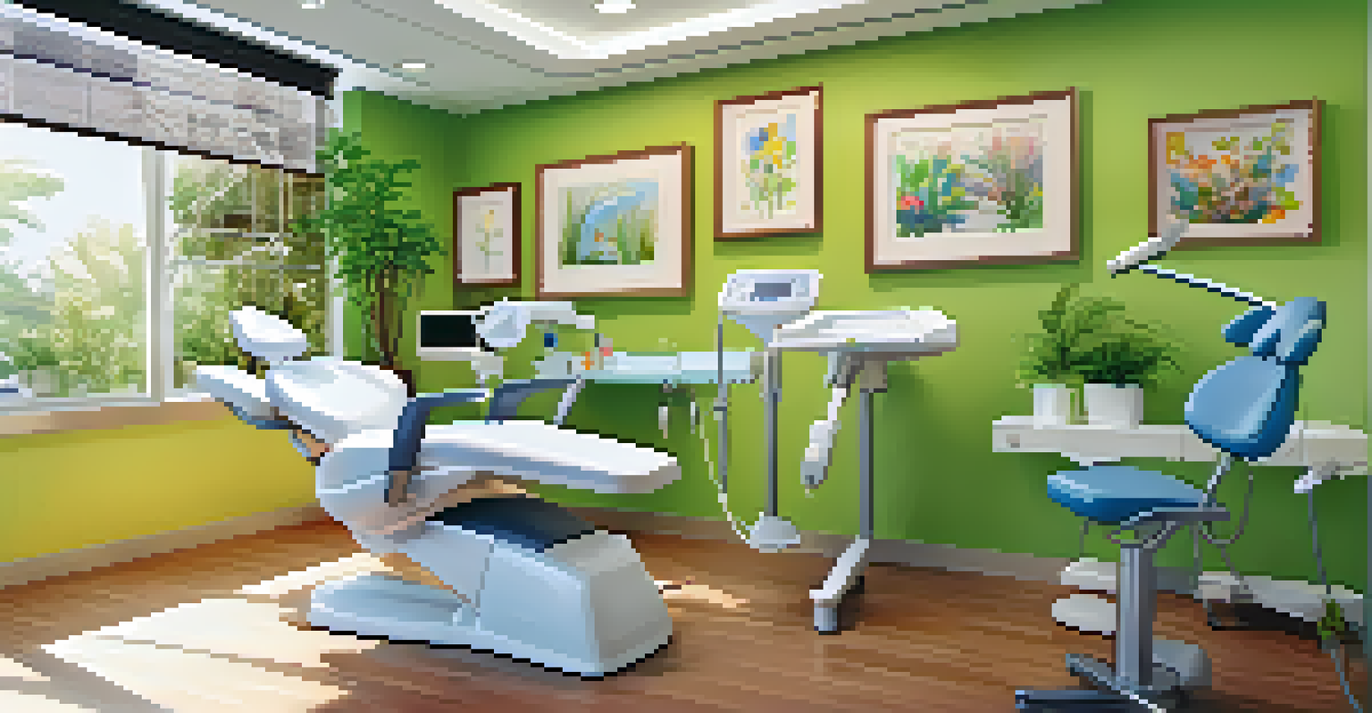 A bright dental clinic with a dentist and a relaxed patient in a modern setting.