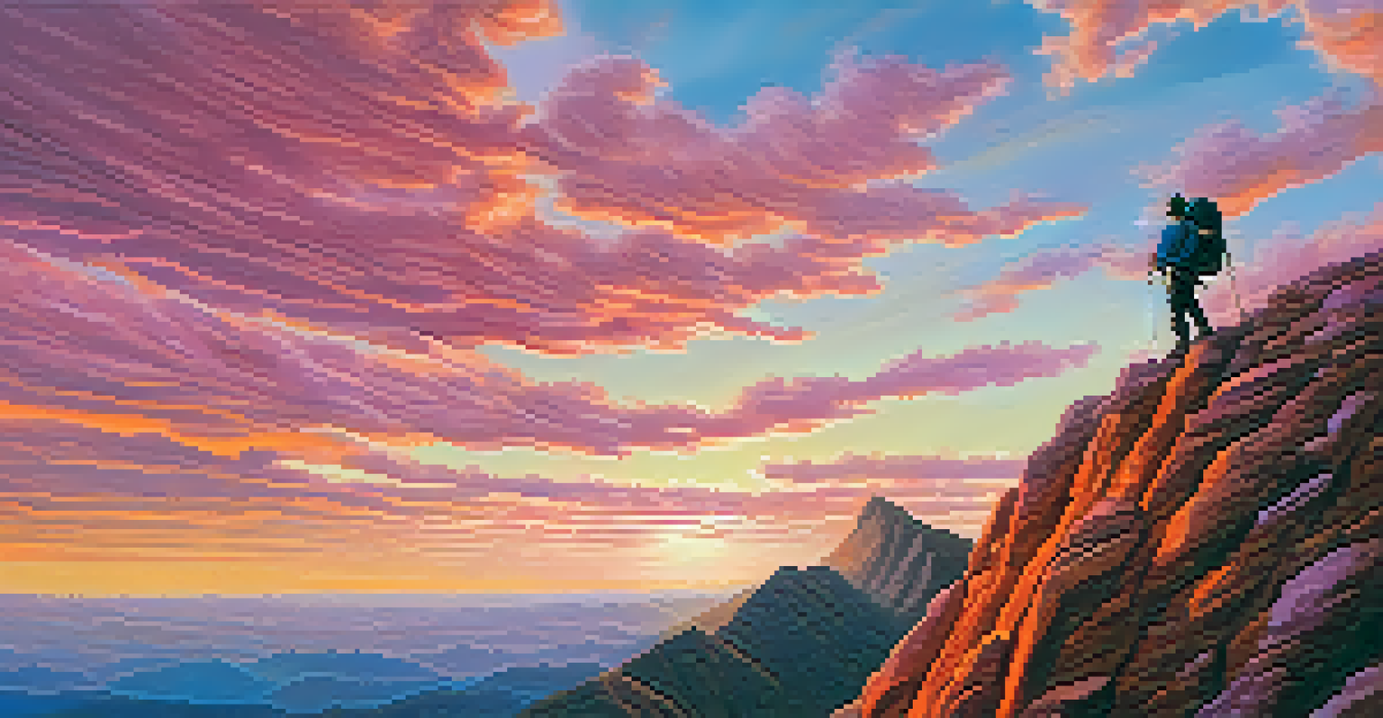 A person climbing a mountain with a backpack labeled 'Financial Knowledge', looking towards a bright horizon.