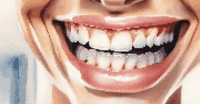 Close-up of a bright smile with perfectly aligned teeth in a serene dental office background.
