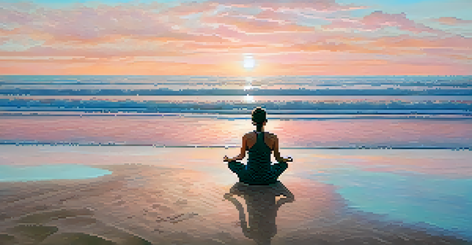 A person meditating on a beach at sunrise, surrounded by gentle waves and seashells on the sand.