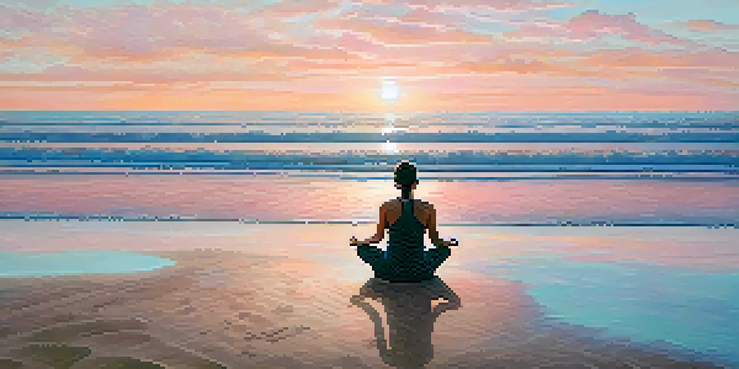 A person meditating on a beach at sunrise, surrounded by gentle waves and seashells on the sand.