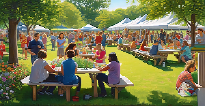 A lively park scene with diverse individuals participating in community activities like trivia games, art classes, and gardening, surrounded by greenery and flowers.