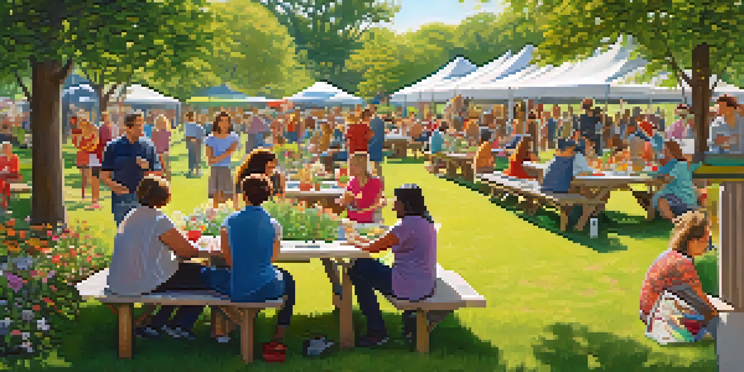 A lively park scene with diverse individuals participating in community activities like trivia games, art classes, and gardening, surrounded by greenery and flowers.
