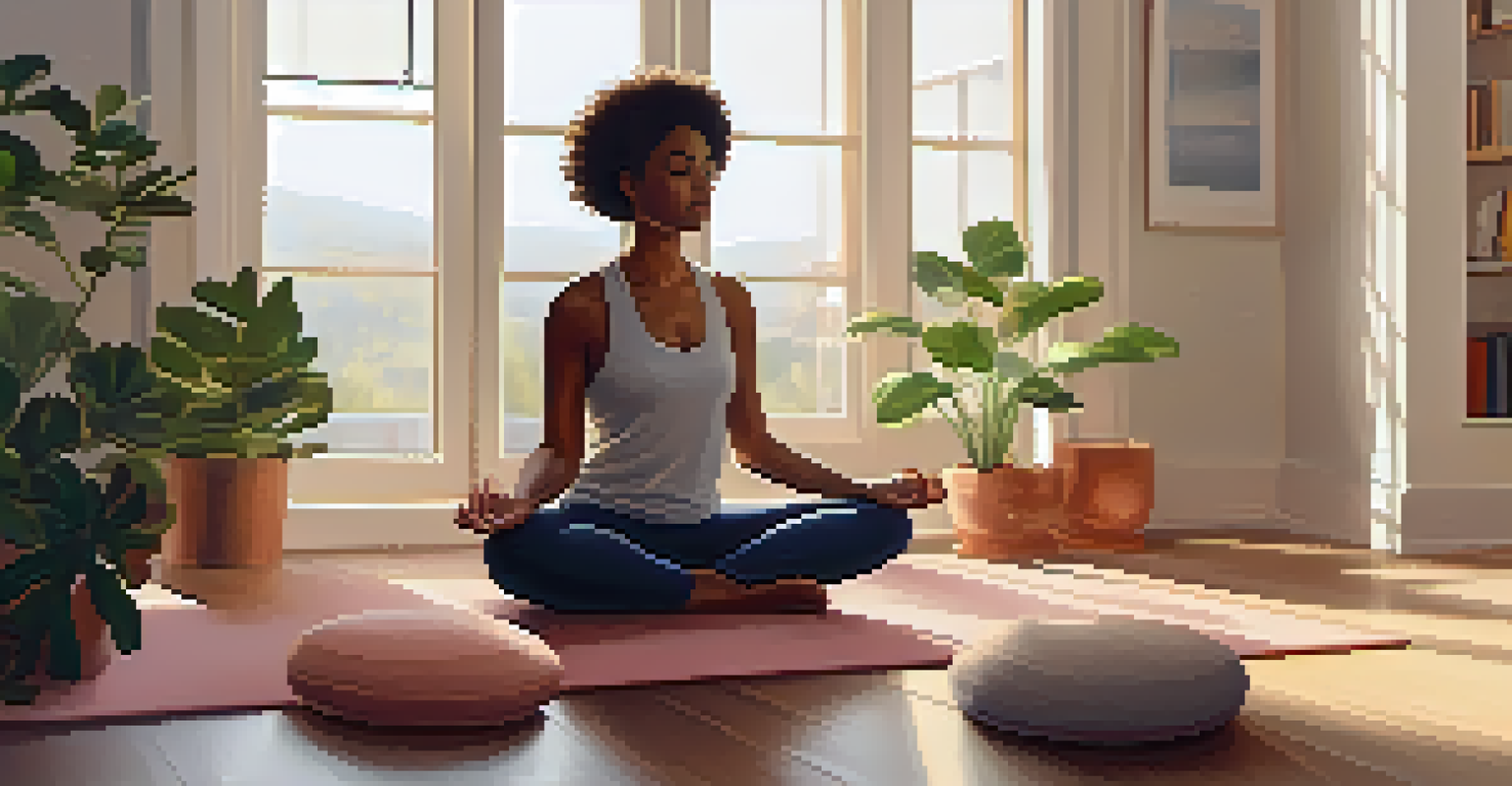 A person meditating in a peaceful living room filled with soft sunlight and indoor plants.