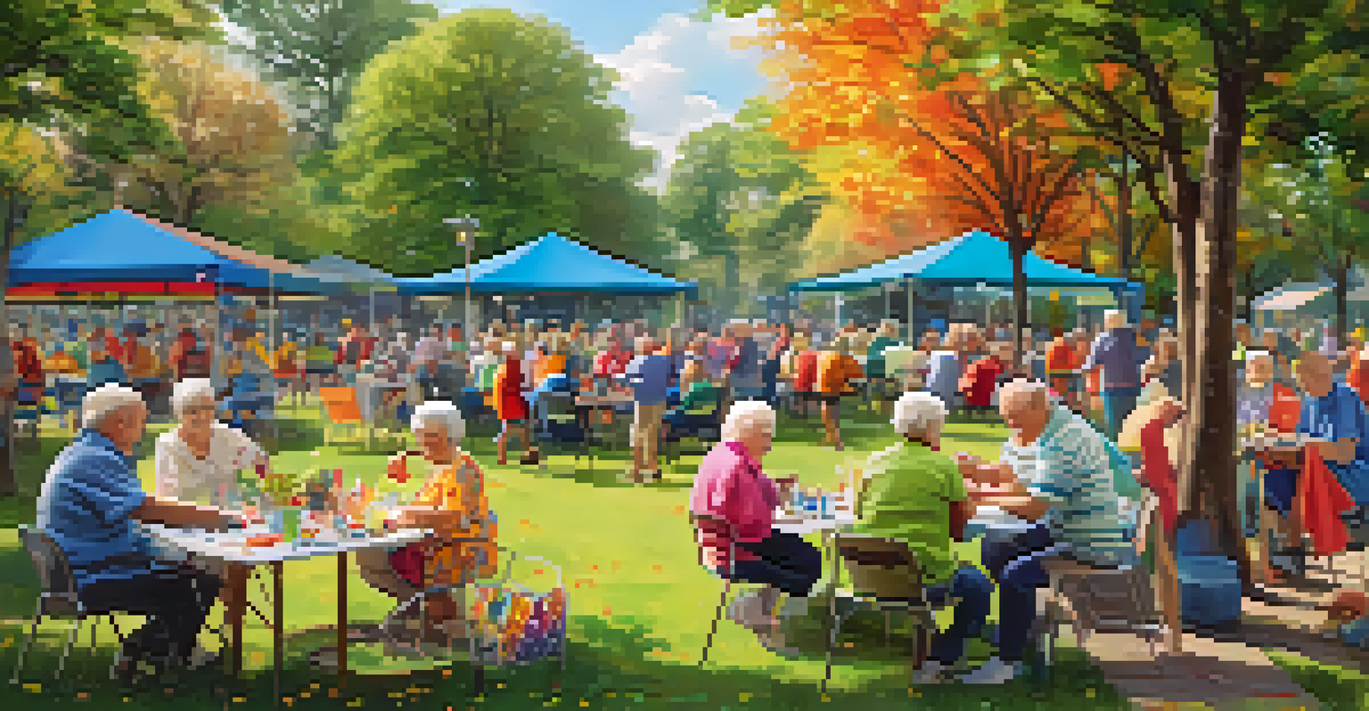 Seniors enjoying a community gathering in a park, engaging in activities and celebrating together.