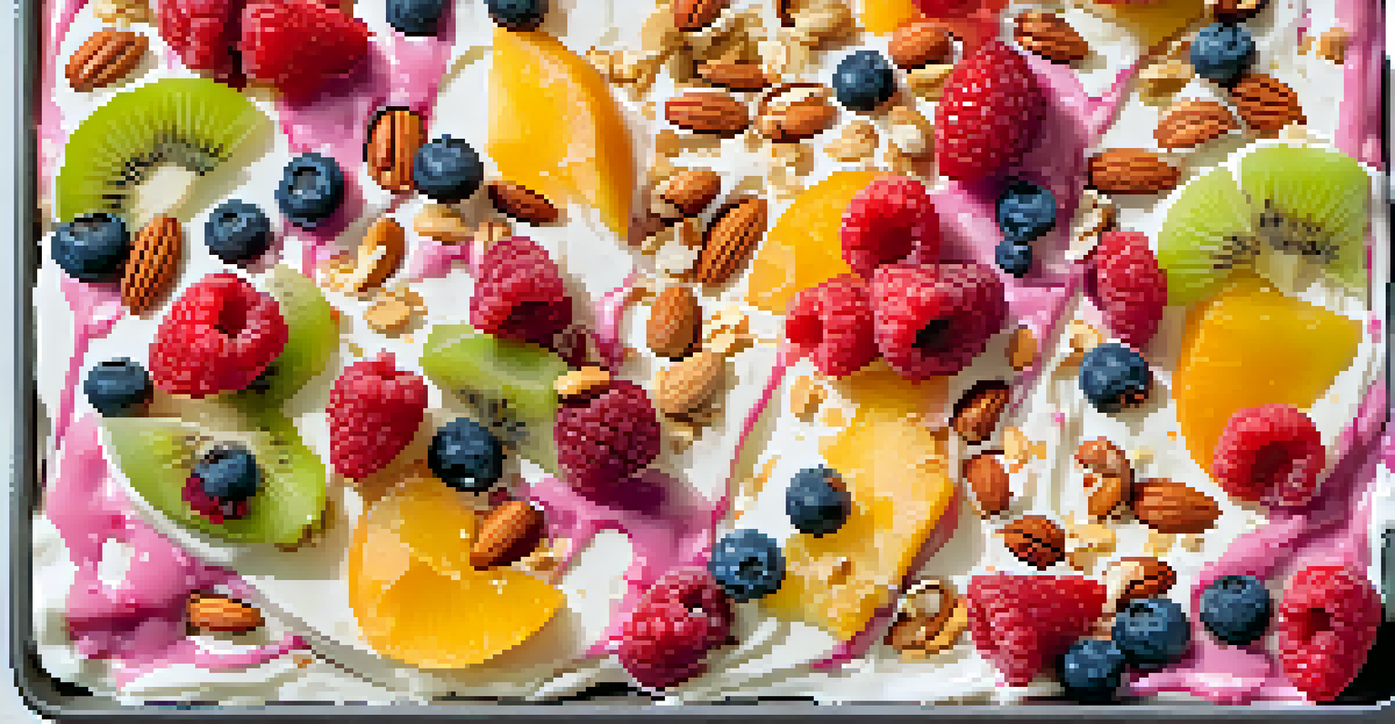 Frozen yogurt bark topped with fruits, nuts, and honey, spread on a baking sheet, with pieces broken off, displayed on a bright kitchen counter.