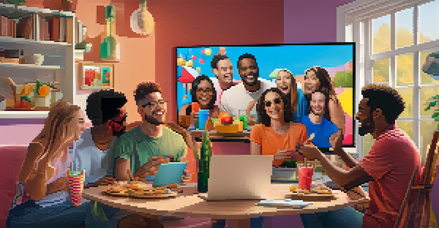 A lively video call with friends displayed on a computer screen, showing happy faces and a cozy living room setting.