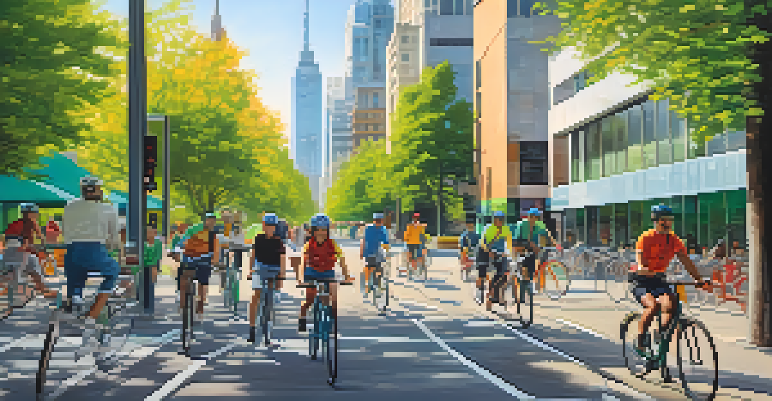 A group of cyclists commuting to work in a vibrant urban setting, emphasizing sustainable transportation.
