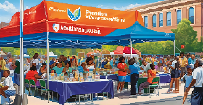 A lively community health fair with various activities promoting preventive healthcare, featuring diverse people engaged in screenings and fitness demonstrations.