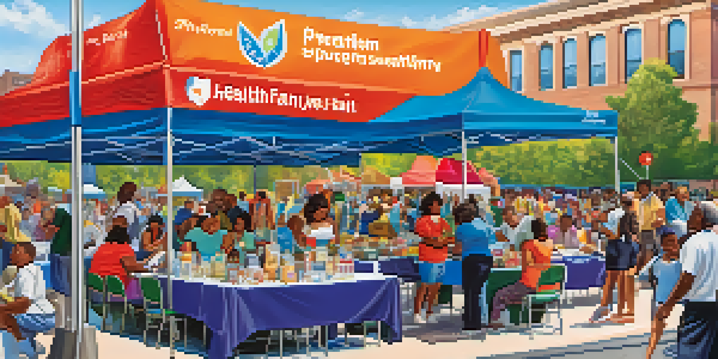 A lively community health fair with various activities promoting preventive healthcare, featuring diverse people engaged in screenings and fitness demonstrations.