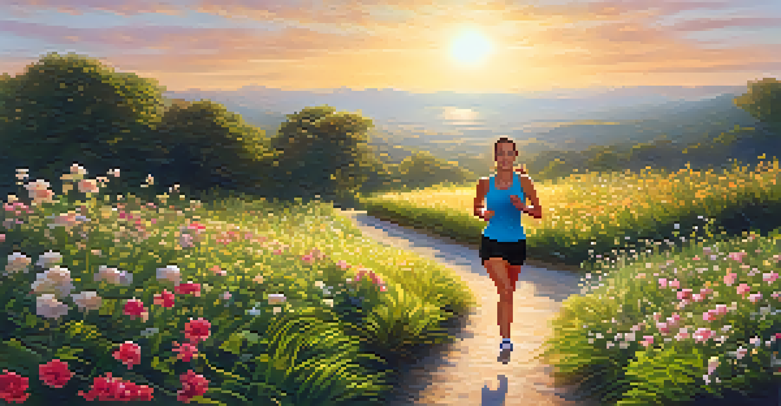A person jogging on a scenic path surrounded by flowers and greenery at sunrise, representing healthy lifestyle choices.