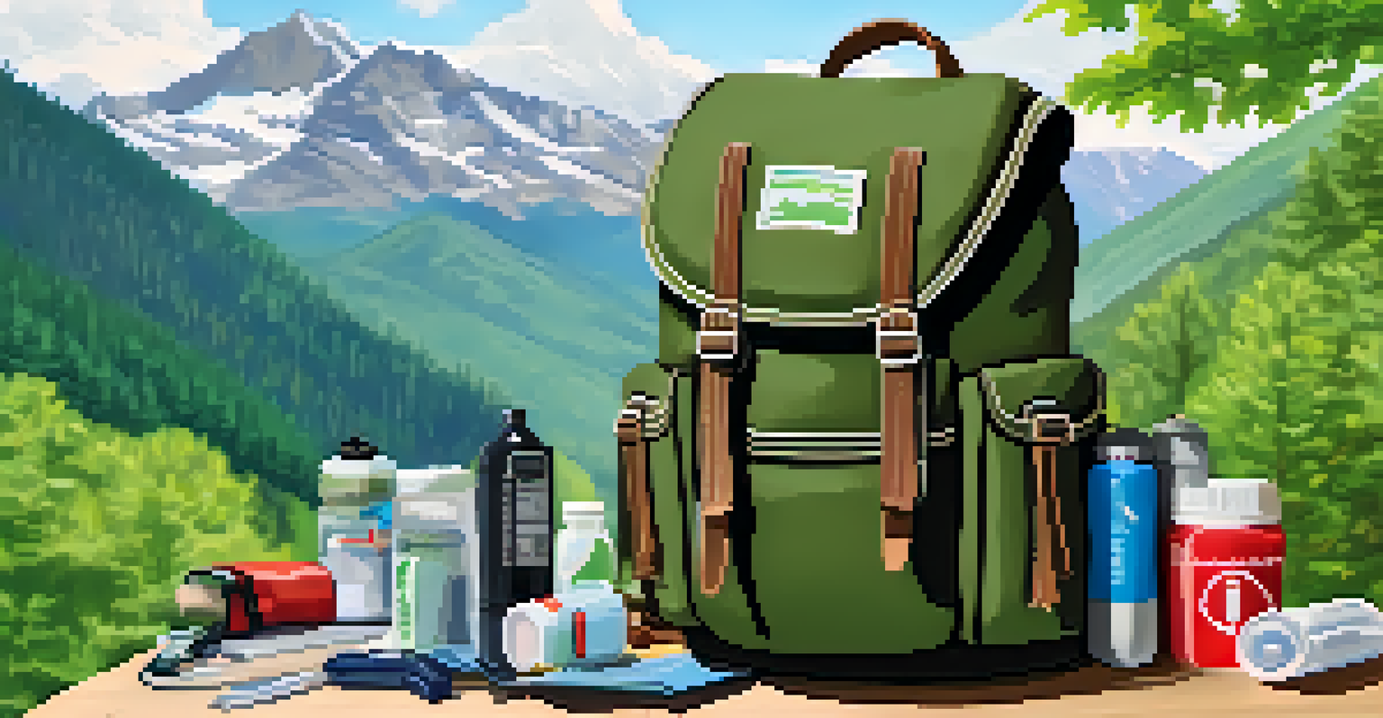 A detailed close-up of an outdoor backpack filled with essential adventure gear, set against a lush green background.