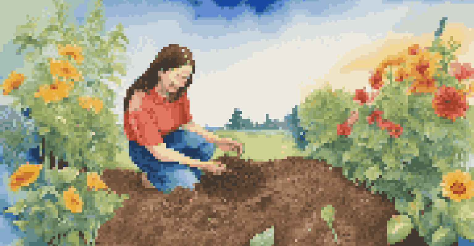 A person joyfully planting seeds in a colorful garden under a bright blue sky, symbolizing hope and investment in the future.