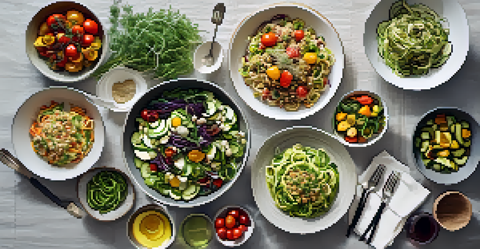 An overhead view of a table filled with colorful healthy dishes, including quinoa salad and zucchini noodles.