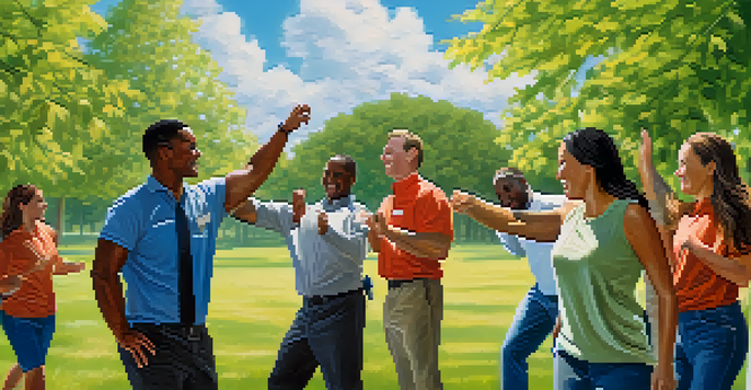 A diverse group of employees outdoors engaging in a trust fall activity, showing expressions of encouragement and connection.