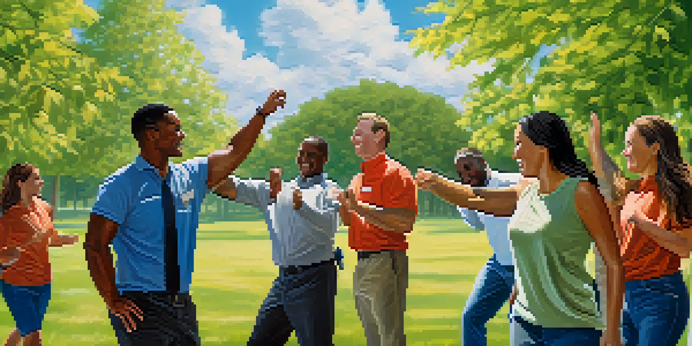 A diverse group of employees outdoors engaging in a trust fall activity, showing expressions of encouragement and connection.