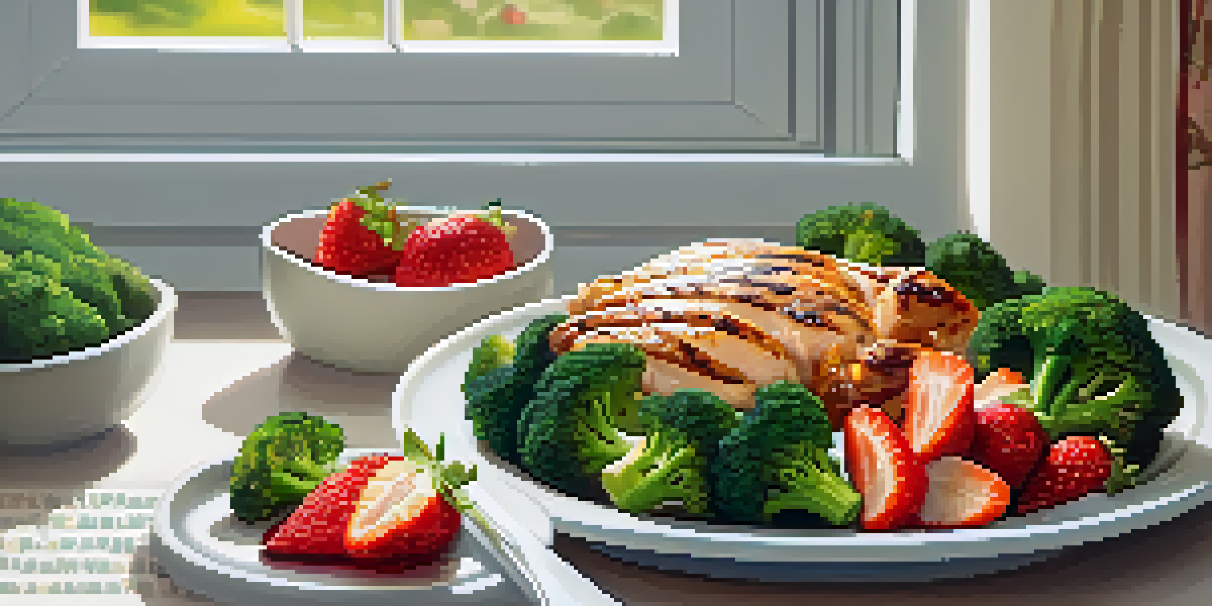 A colorful balanced meal with grilled chicken, brown rice, broccoli, and strawberries under bright kitchen lighting.
