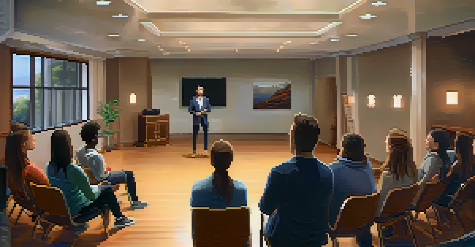 A participant confidently sharing their success story in a group therapy session, with others listening attentively in a warmly lit room.