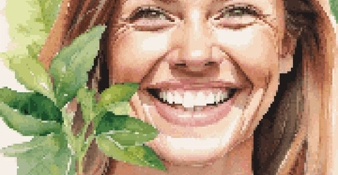 A close-up of a smiling person with healthy teeth, surrounded by greenery and soft lighting.