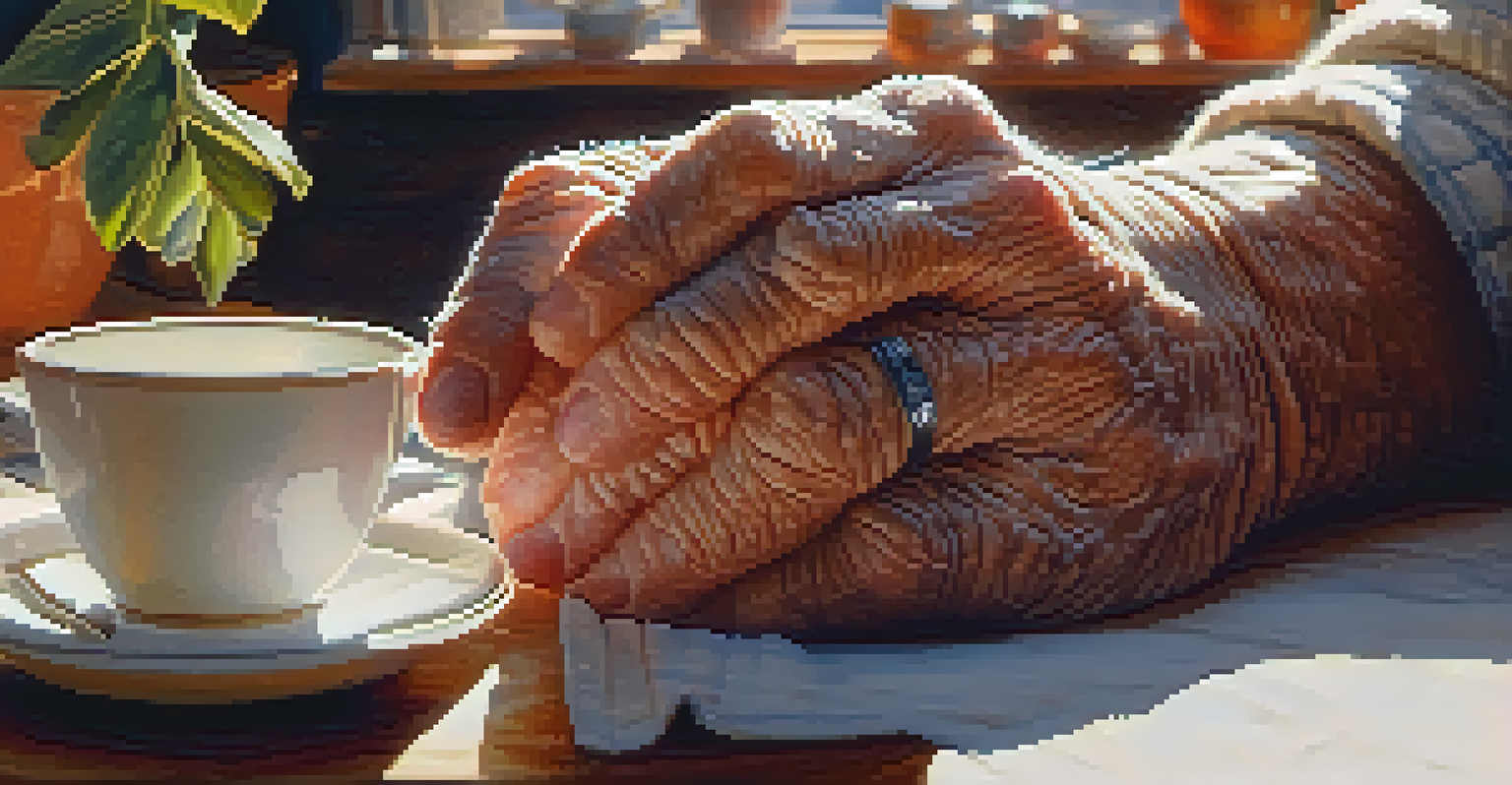 Close-up of an elderly man's hands stretching at a kitchen table, with a cup of tea and a plant in the background.