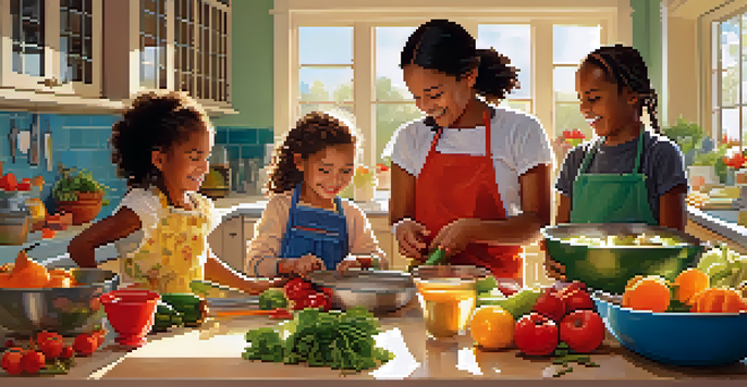 A diverse group of children cooking together in a colorful kitchen, surrounded by fresh vegetables and fruits, with sunlight streaming in.