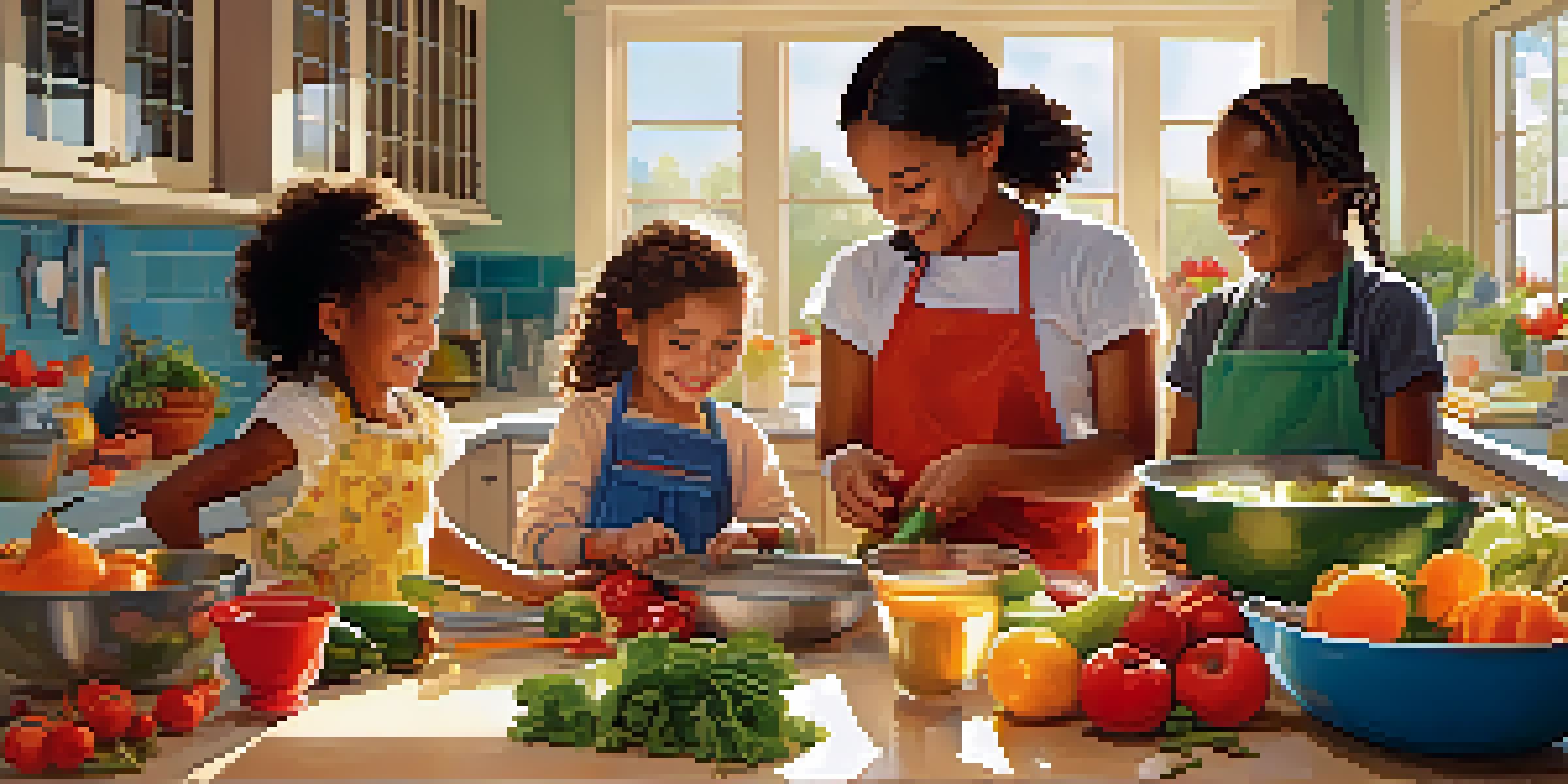 A diverse group of children cooking together in a colorful kitchen, surrounded by fresh vegetables and fruits, with sunlight streaming in.