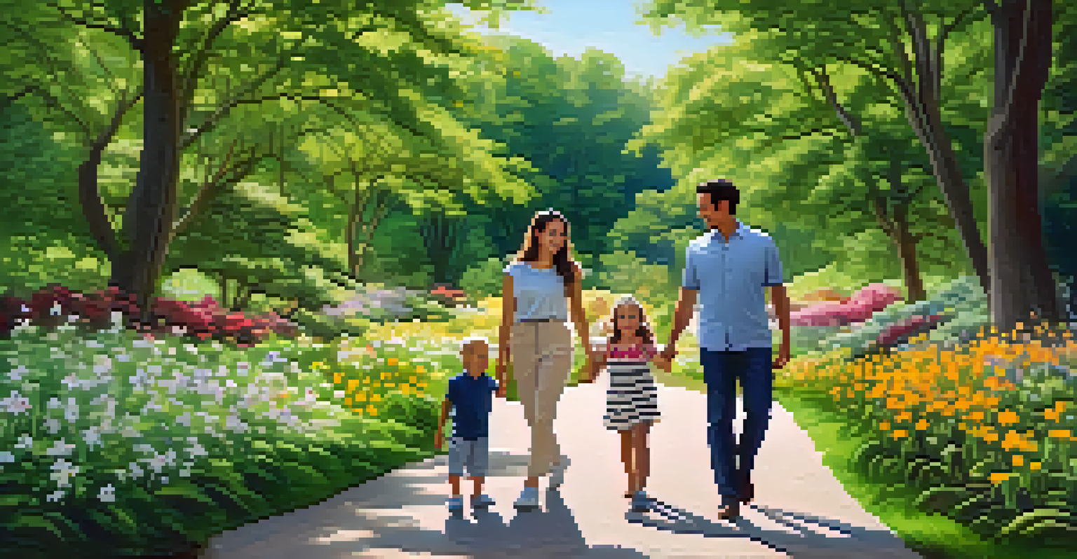 A family enjoying a nature walk in a vibrant park, surrounded by flowers and trees, sharing smiles and observations.