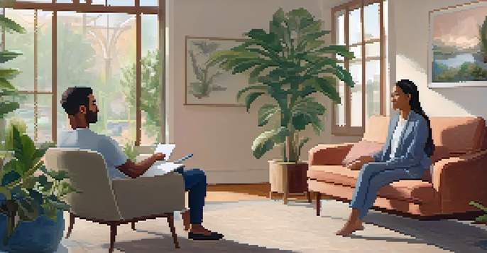 A calm counseling session in a cozy room with a counselor and client engaging in conversation.