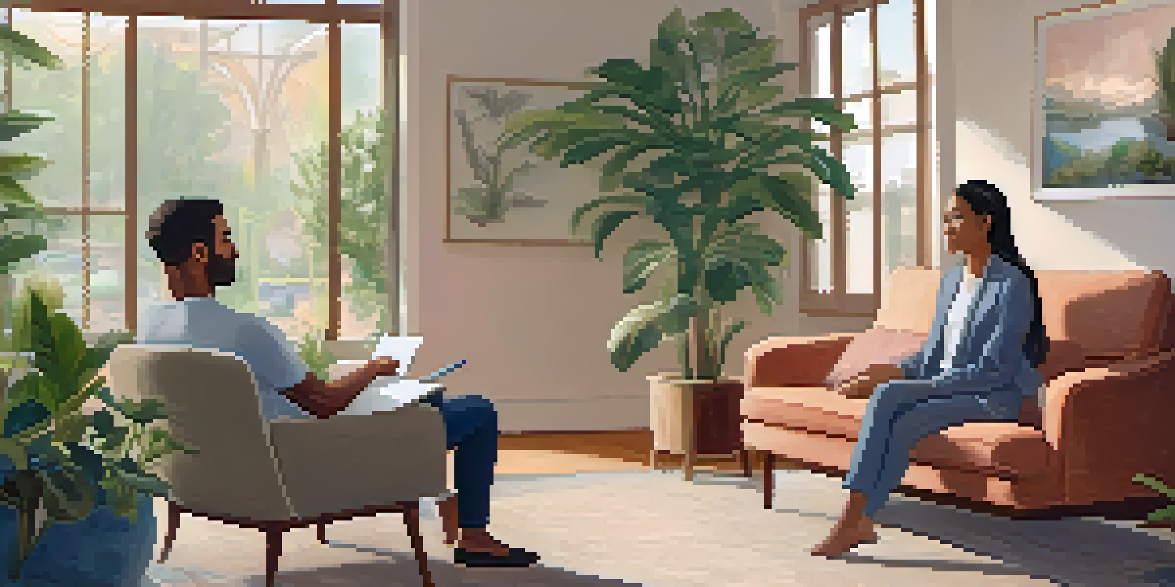 A calm counseling session in a cozy room with a counselor and client engaging in conversation.