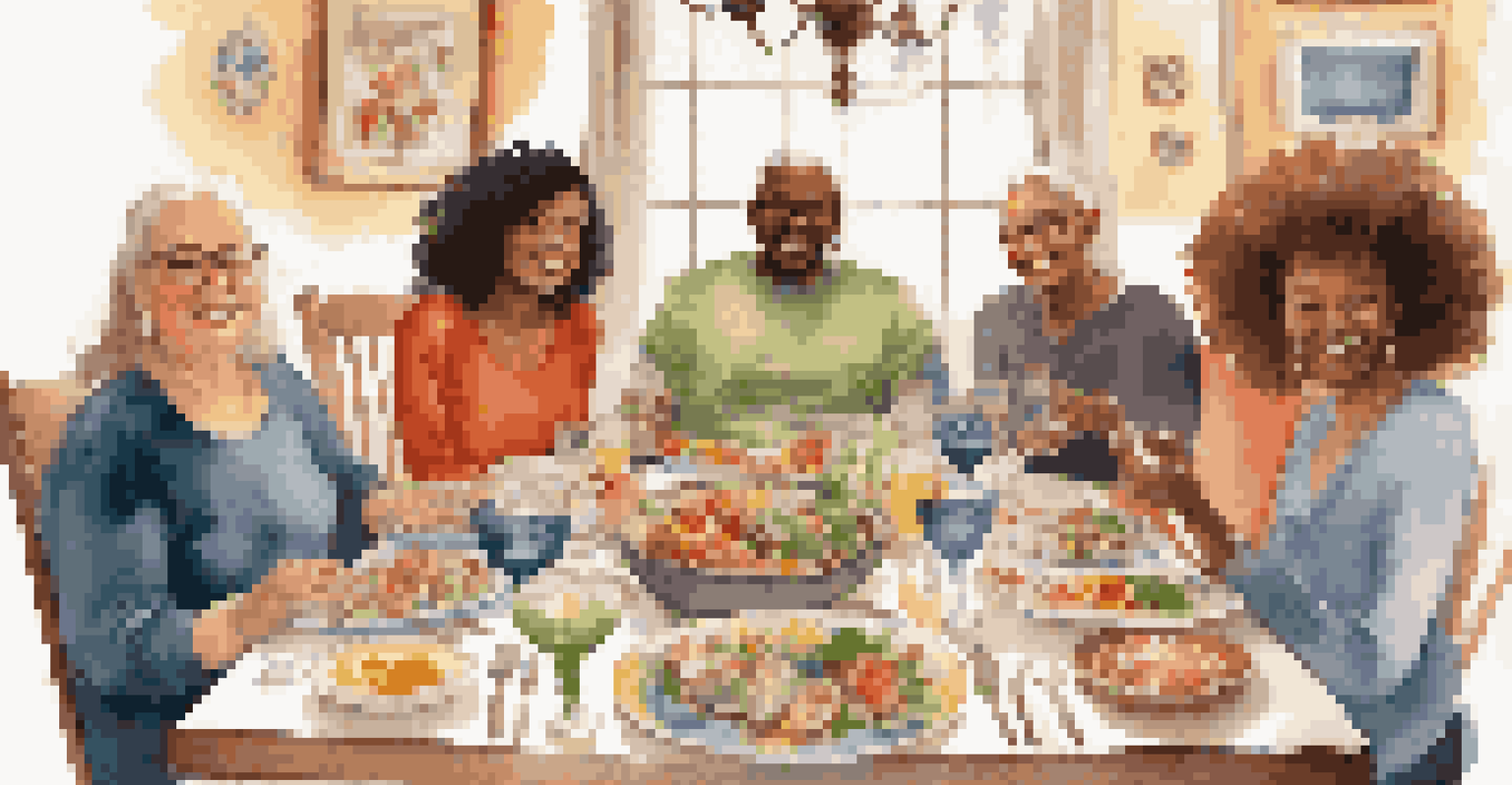 A group of friends enjoying a meal together at a table filled with allergy-safe dishes, highlighting community and support.