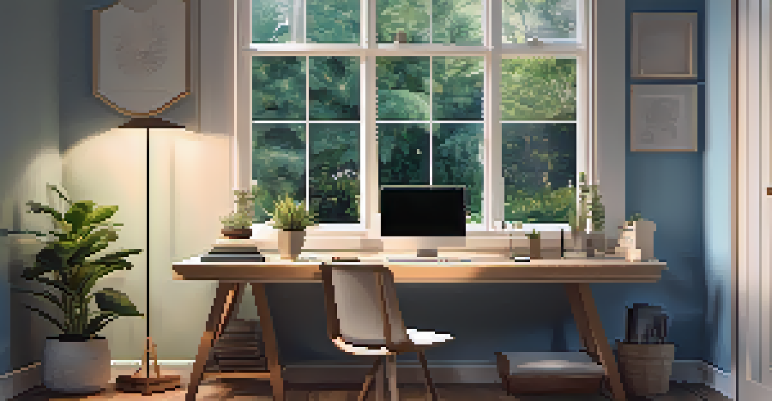 A cozy home office with a meditation corner, featuring a cushion and a view of a garden.
