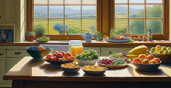 A bright kitchen with a variety of healthy foods including fruits, vegetables, and grains arranged on a wooden table, illuminated by soft morning light.