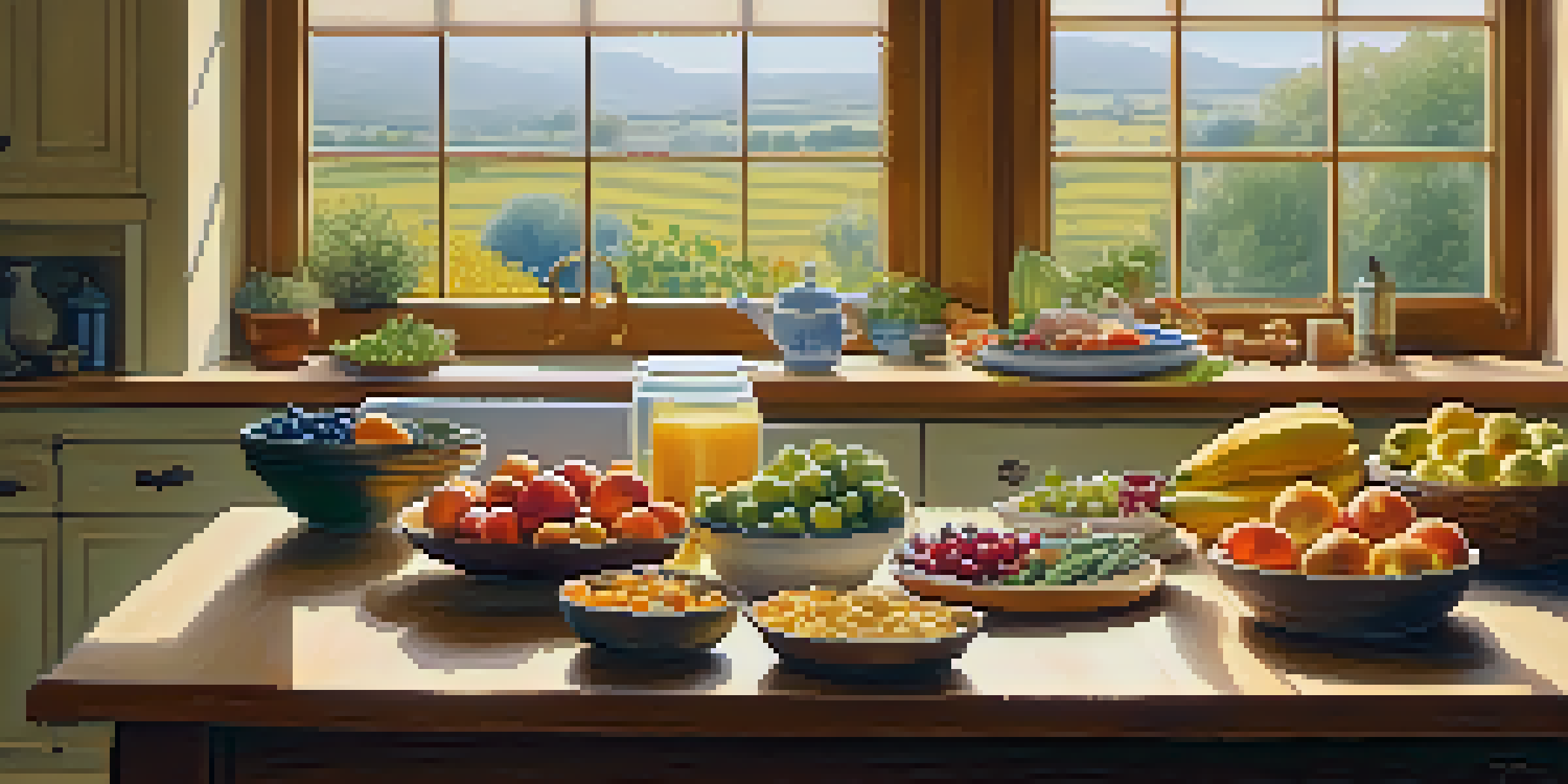A bright kitchen with a variety of healthy foods including fruits, vegetables, and grains arranged on a wooden table, illuminated by soft morning light.