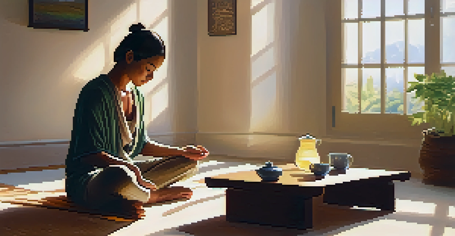 A person sitting cross-legged in a sunlit room, practicing mindfulness meditation with a serene expression.