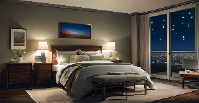 A cozy bedroom with soft lighting, plush bedding, and a view of a starry sky outside the window.