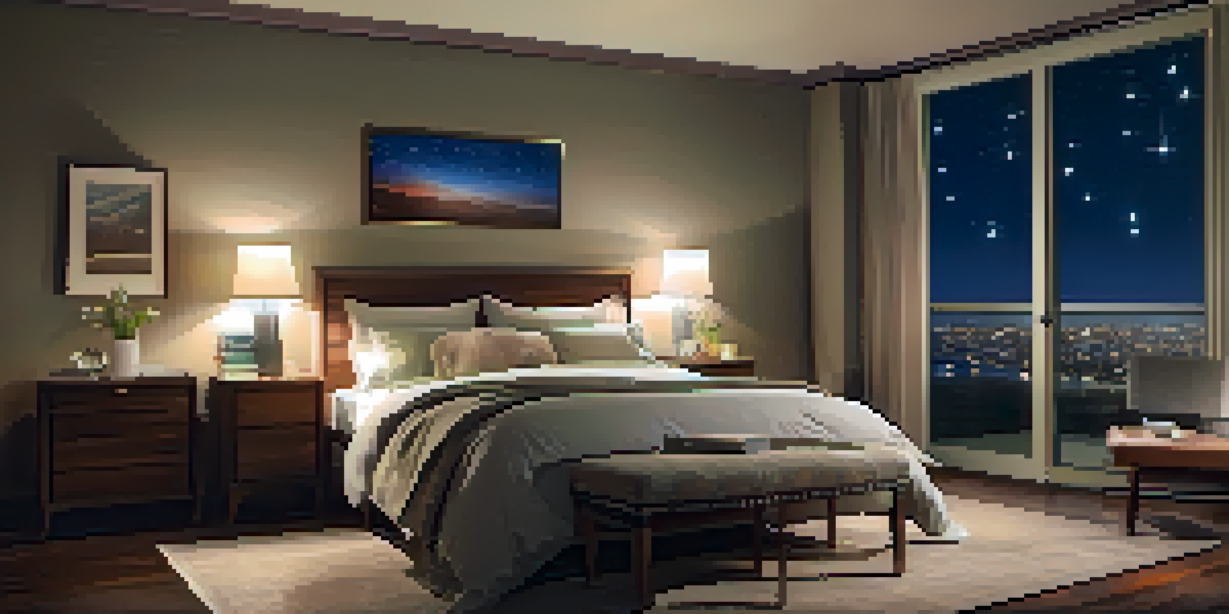 A cozy bedroom with soft lighting, plush bedding, and a view of a starry sky outside the window.
