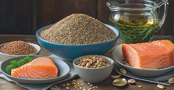 A close-up of a bowl filled with salmon, flaxseeds, walnuts, and chia seeds on a wooden table.