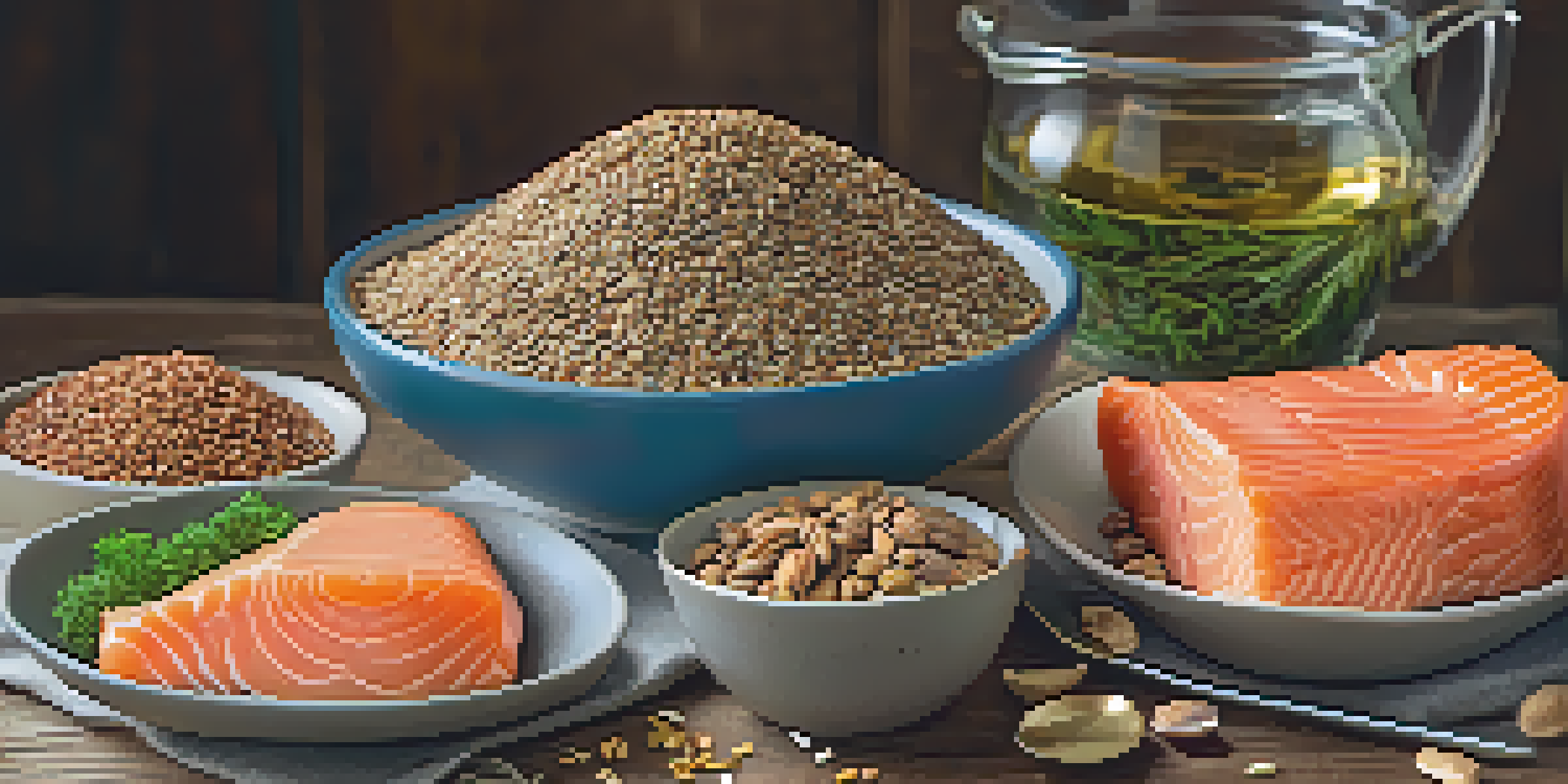 A close-up of a bowl filled with salmon, flaxseeds, walnuts, and chia seeds on a wooden table.