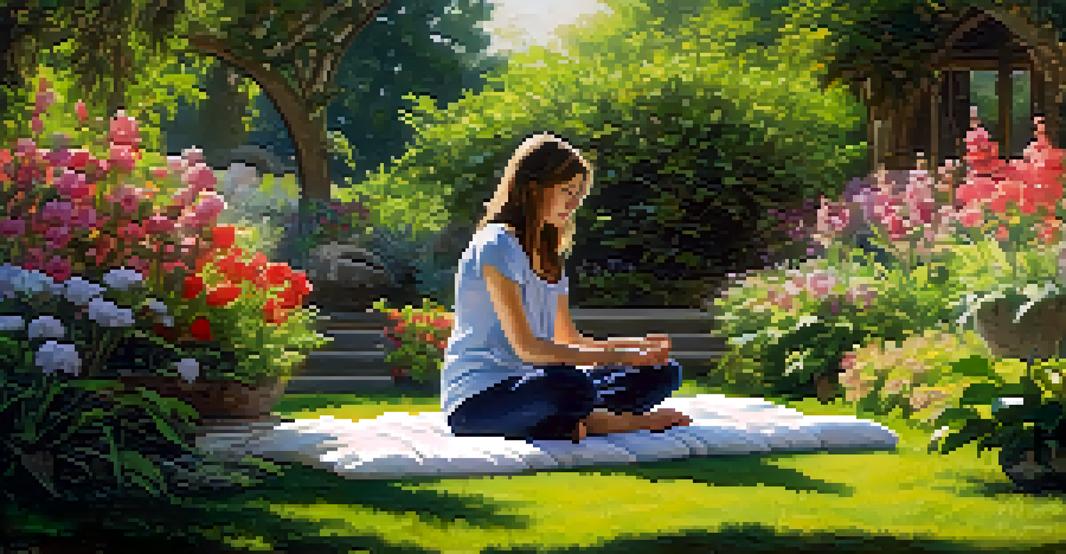 A person meditating outdoors in a garden filled with flowers and greenery, radiating tranquility.