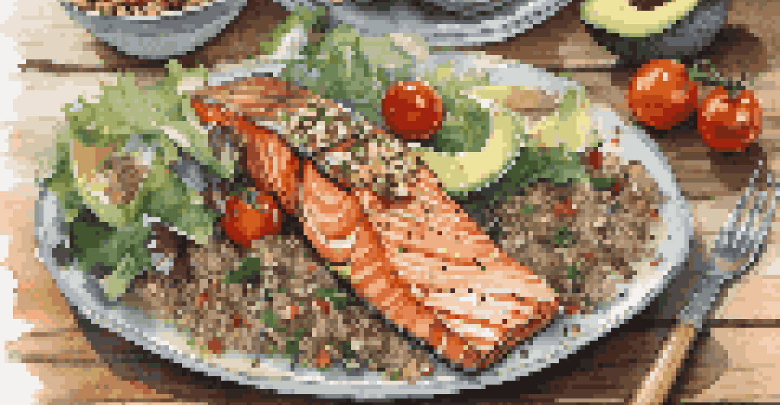 A colorful plate of healthy food with grilled salmon, quinoa, and a salad, presented on a rustic wooden table.