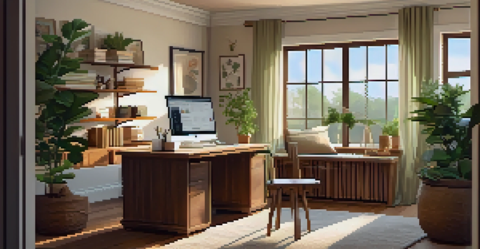 A cozy home office with a large window, a wooden desk with a laptop and coffee, and a family area in the background.