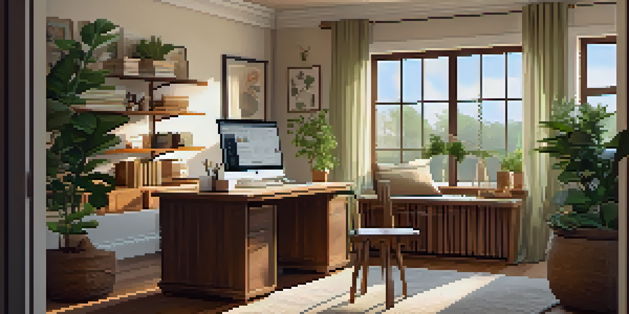 A cozy home office with a large window, a wooden desk with a laptop and coffee, and a family area in the background.