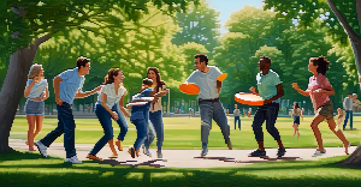Colleagues having fun outdoors in a park, playing frisbee and enjoying a team-building activity.
