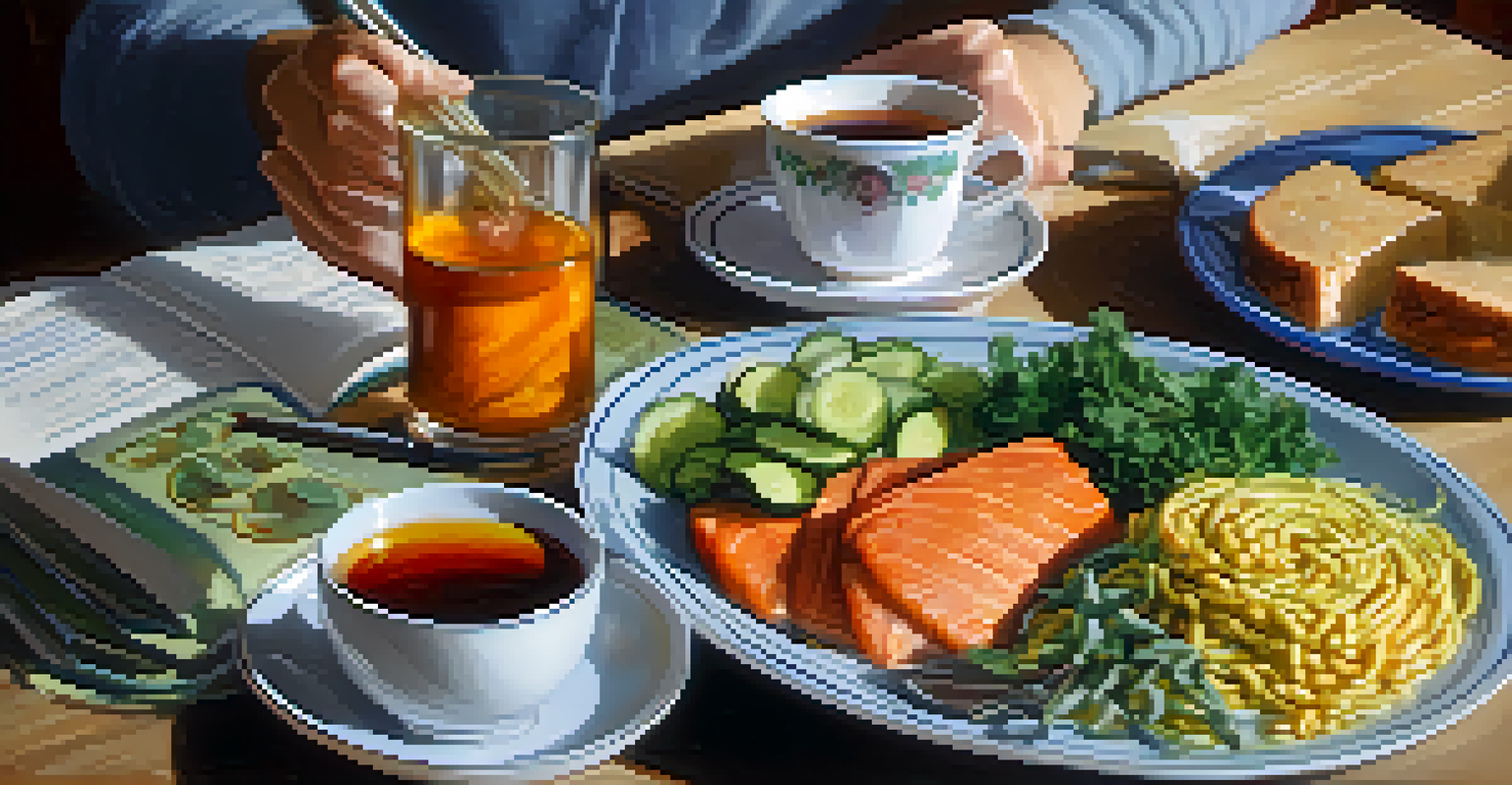 A close-up of a person writing in a food diary with a colorful plate of healthy meals and a cup of herbal tea in a cozy setting.