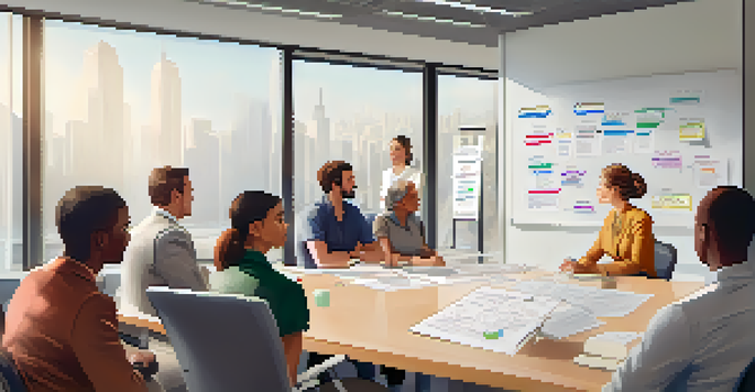 A calm office environment showcasing a female leader conducting a crisis meeting with a diverse team, illuminated by natural light, with a whiteboard filled with colorful notes.