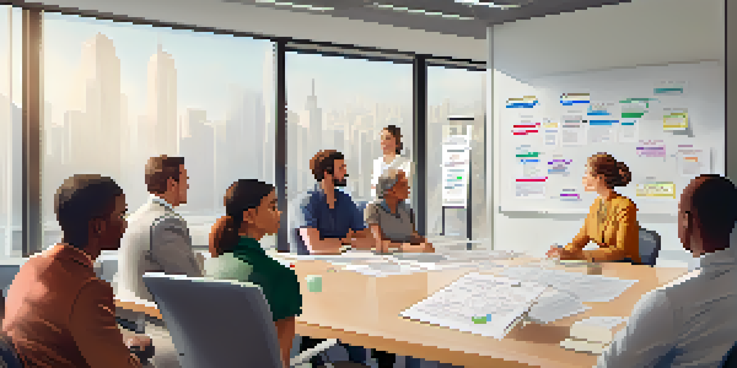 A calm office environment showcasing a female leader conducting a crisis meeting with a diverse team, illuminated by natural light, with a whiteboard filled with colorful notes.