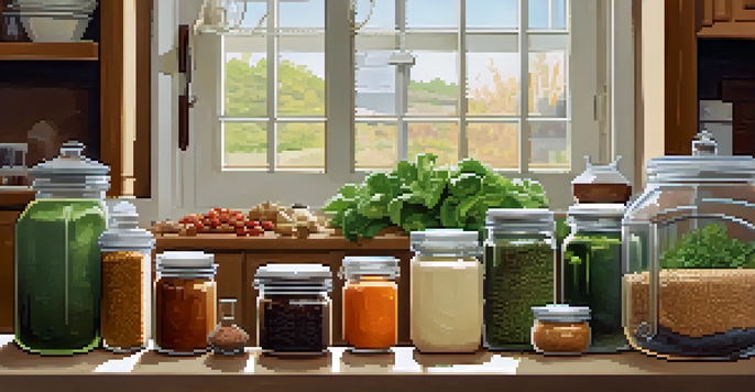 A cozy kitchen filled with glass jars of bulk ingredients and fresh seasonal vegetables, with natural light streaming in.