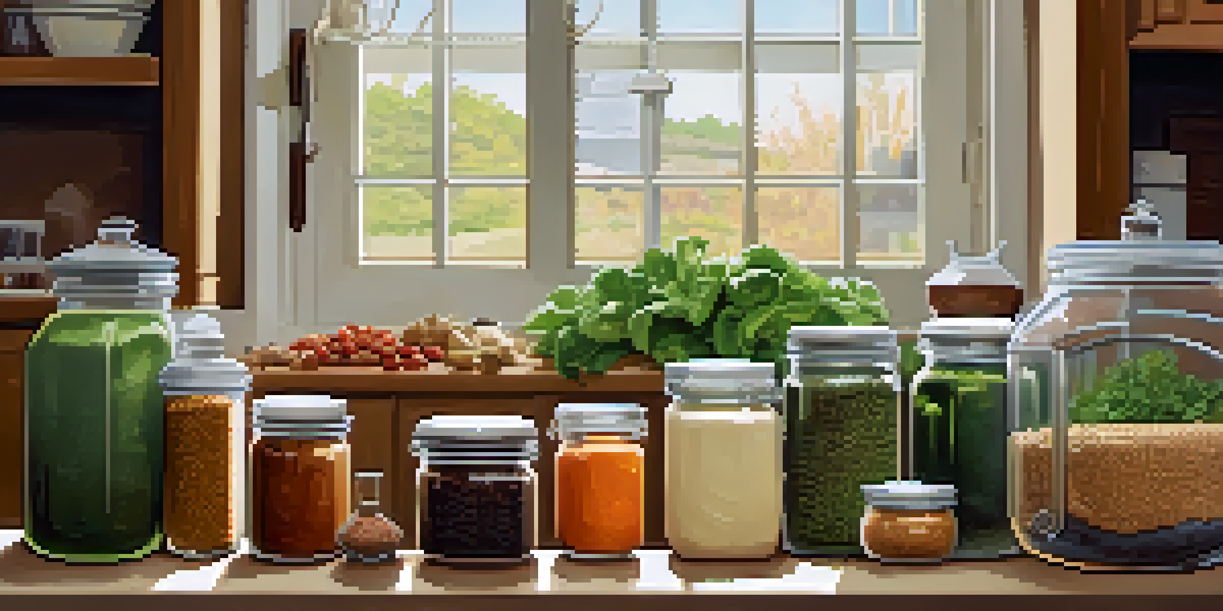 A cozy kitchen filled with glass jars of bulk ingredients and fresh seasonal vegetables, with natural light streaming in.