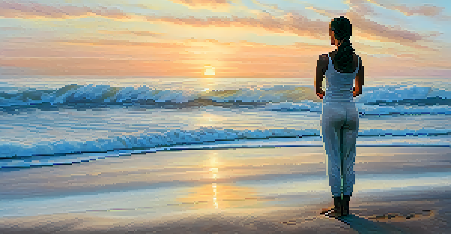 A woman practicing yoga on a beach at sunrise, surrounded by soft colors of the sky and calm ocean waves.