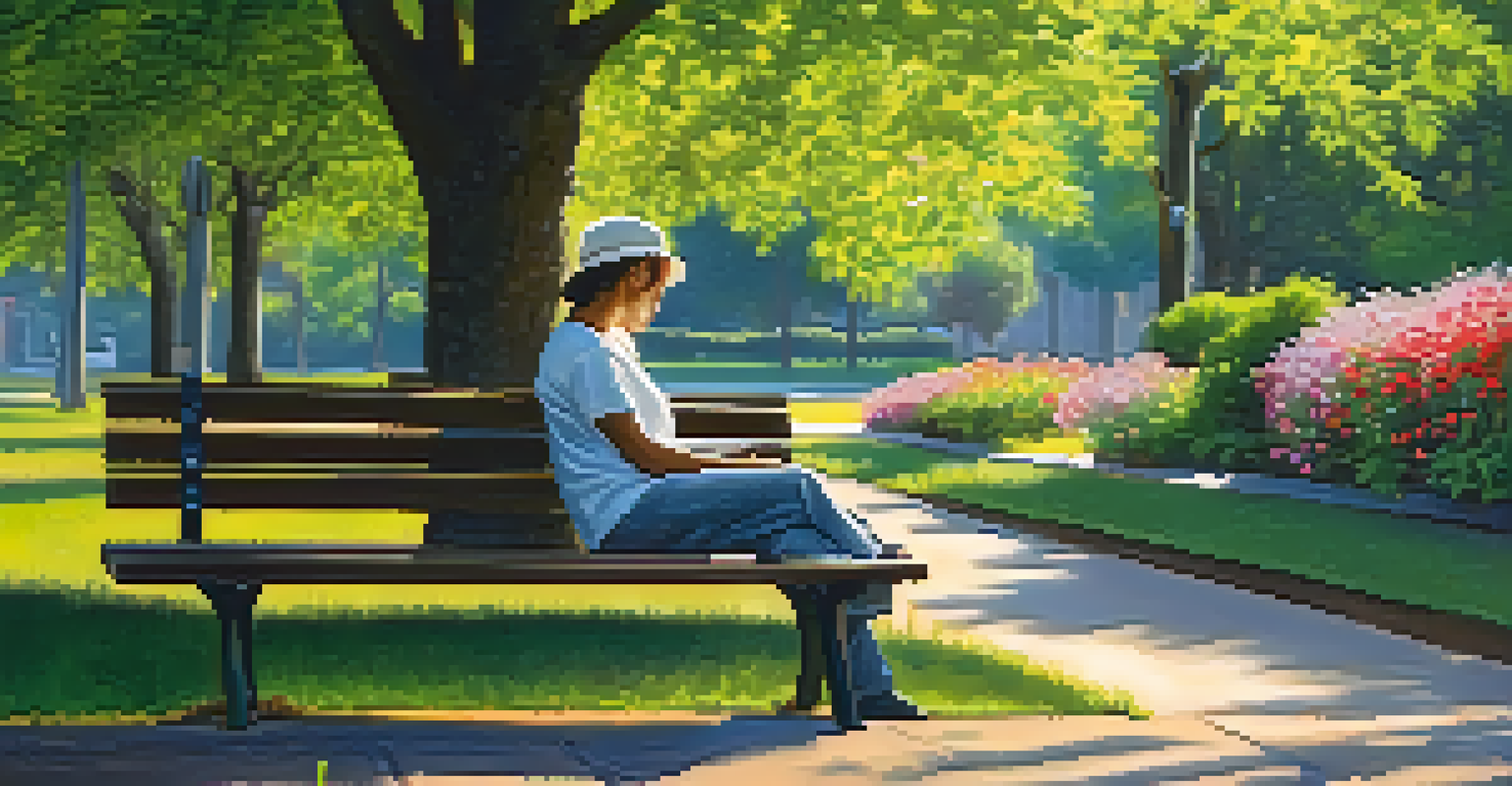 A person enjoying a break on a park bench, surrounded by flowers and trees, emphasizing relaxation.